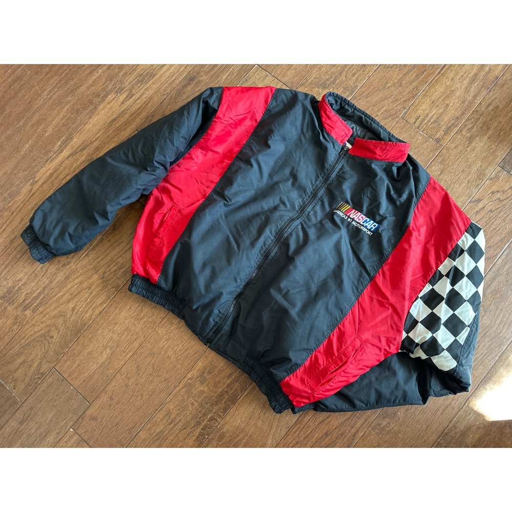 Vintage NASCAR Racing Jacket Ashley Sewn Products Black Red Checkered XL USA